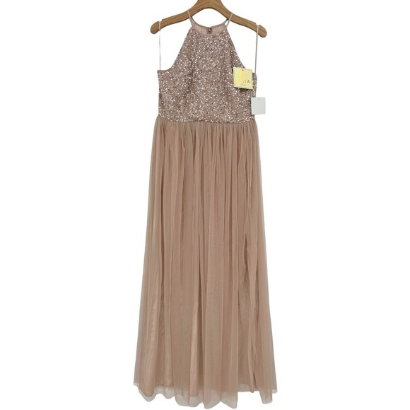 Maya Deluxe Fairy Tulle Sequin Embellished Halter Neck Maxi Dress Taupe Blush 8 - Picture 5 of 14
